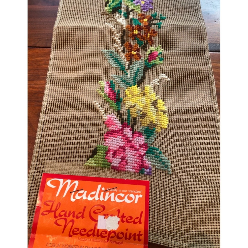 Vintage Unfinished Madincor Floral Needlepoint Wall Hanging (42"x8")